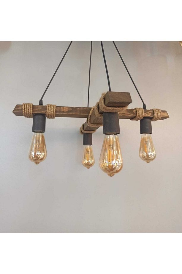 Avşa 4 Lü Ahşap Halatlı Rustik Modern 4 Lü Sarkıt Avize - 1