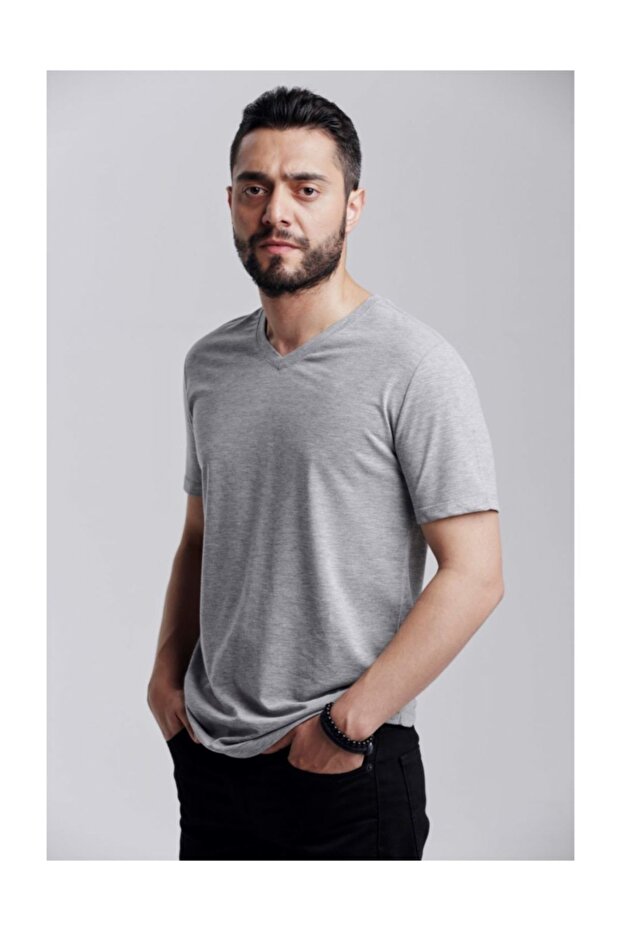 Klasik V Yaka Basıc T-shırt Gri Melanj - 1