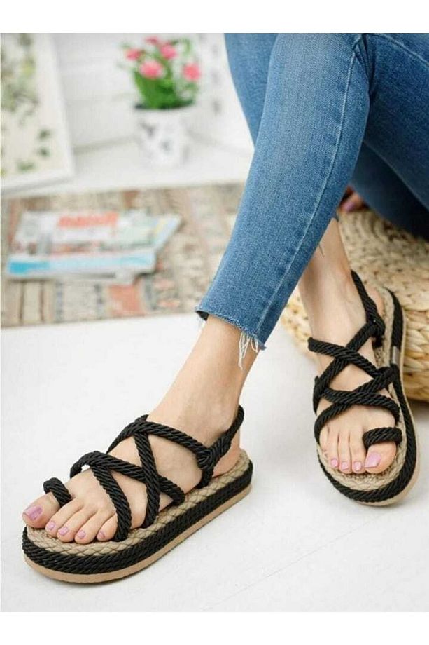 Unisex Siyah Halat Ipli Yüksek Taban Hasır Sandalet - 1 Beden Büyük Almanız Önerilir - 2