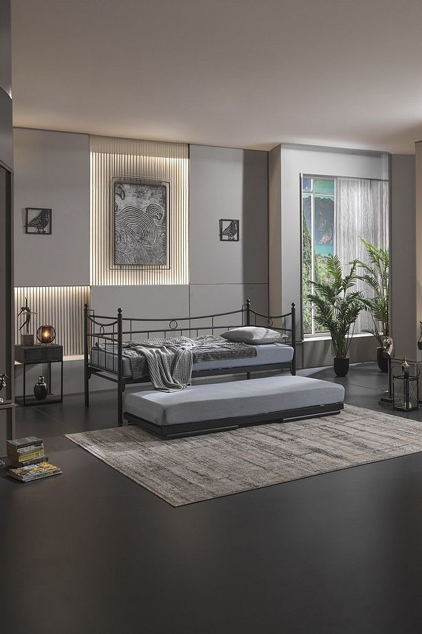 Daily Yavrulu Daybed Tek-çift Kişilik Sedir Metal Karyola Yatak Seti Siyah - 4