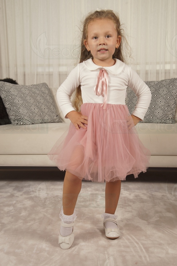 Girl's Peter Pan Collar Long Sleeve Lined Tulle Dress