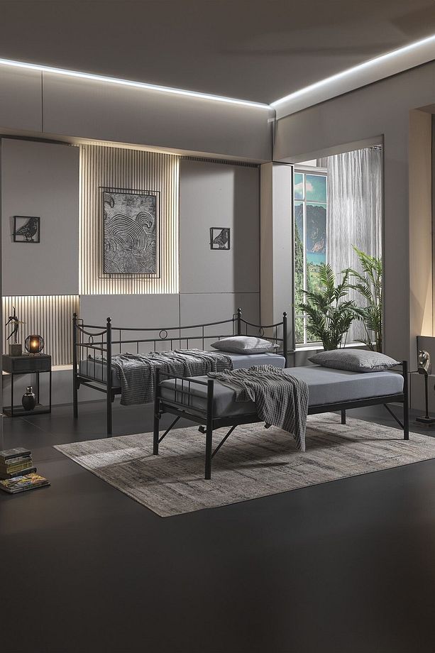 Daily Yavrulu Daybed Tek-çift Kişilik Sedir Metal Karyola Yatak Seti Siyah - 6