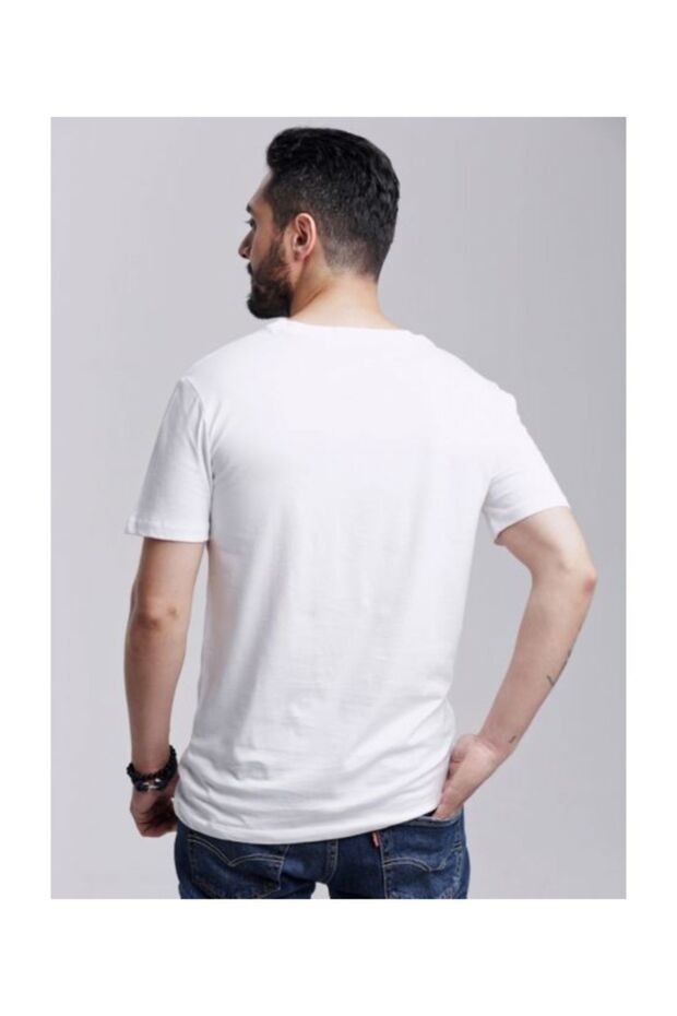 Klasik V Yaka Basıc T-shırt Beyaz - 3