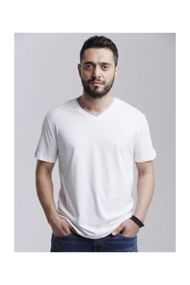 Klasik V Yaka Basıc T-shırt Beyaz - 1