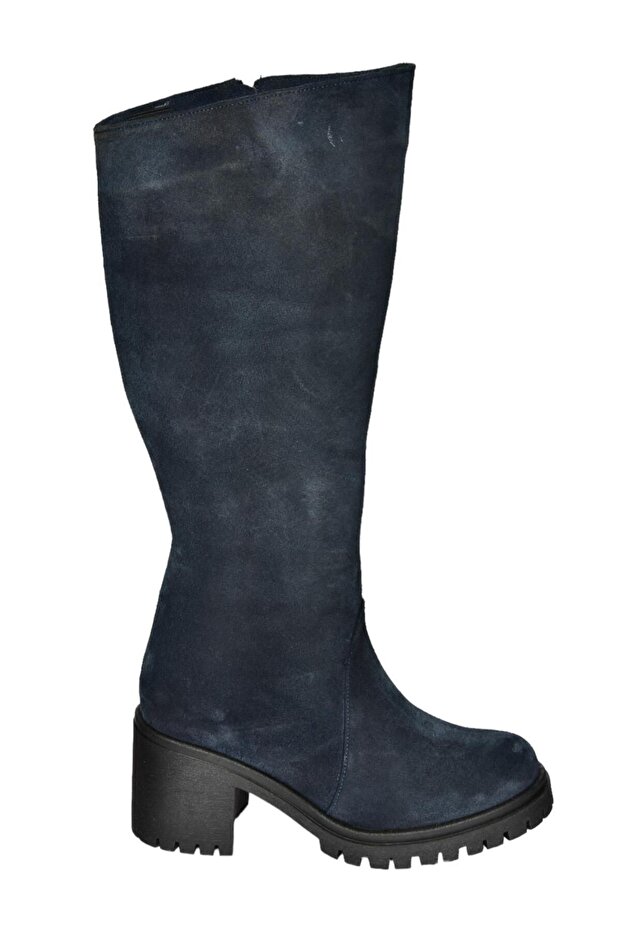 R654047702 Granatowe buty damskie z prawdziwej skóry zamszowej na grubym obcasie - 6