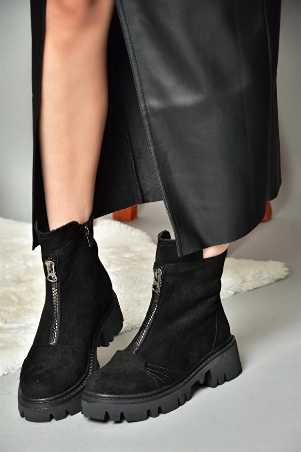 R784551202 Fekete velúr vastag talpú női csizma - 1