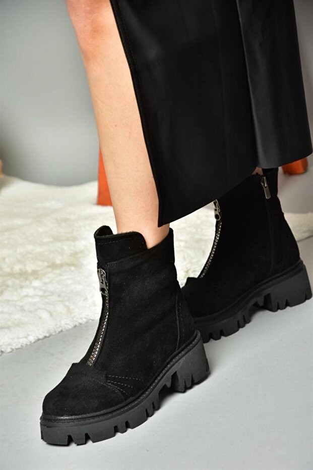 R784551202 Fekete velúr vastag talpú női csizma - 4