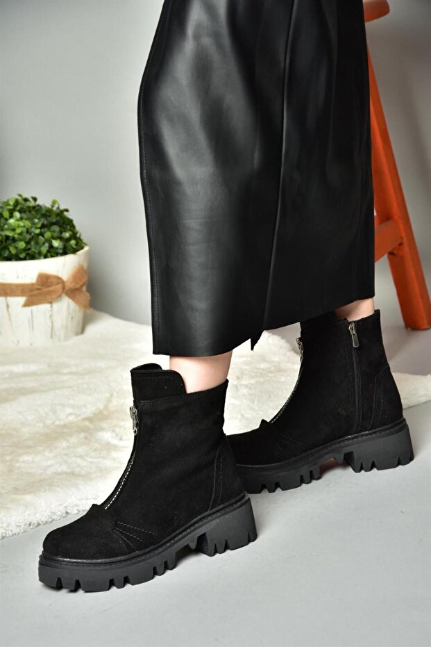 R784551202 Fekete velúr vastag talpú női csizma - 2