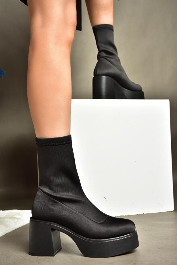R404300004 Siyah Streç Kumaş Kalın Topuklu Kadın Bot - 3