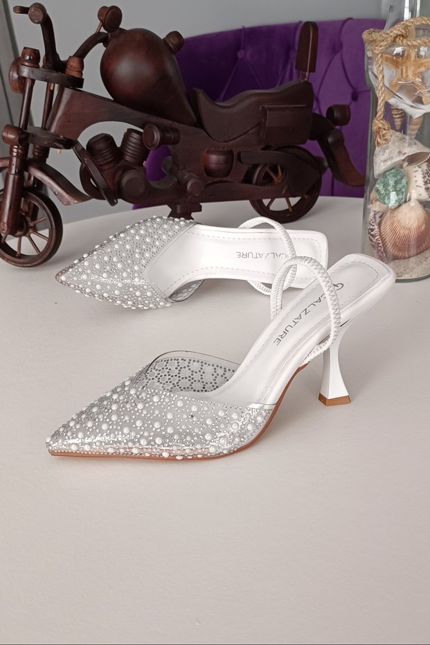 White Leather Pearl Transparent 9cm Square Heel Evening Dress Casual Wedding Dress Women's Shoes