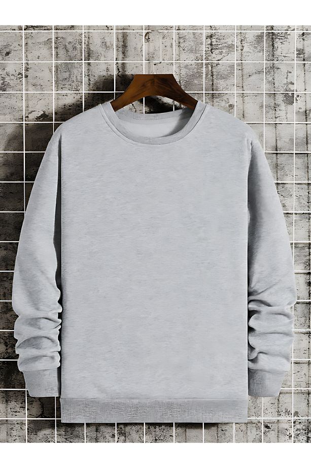 Baskısız Düz Sweatshirt - Kalın Kışlık Şardonlu Uzun Kol Oversize Bisiklet Yaka - 1