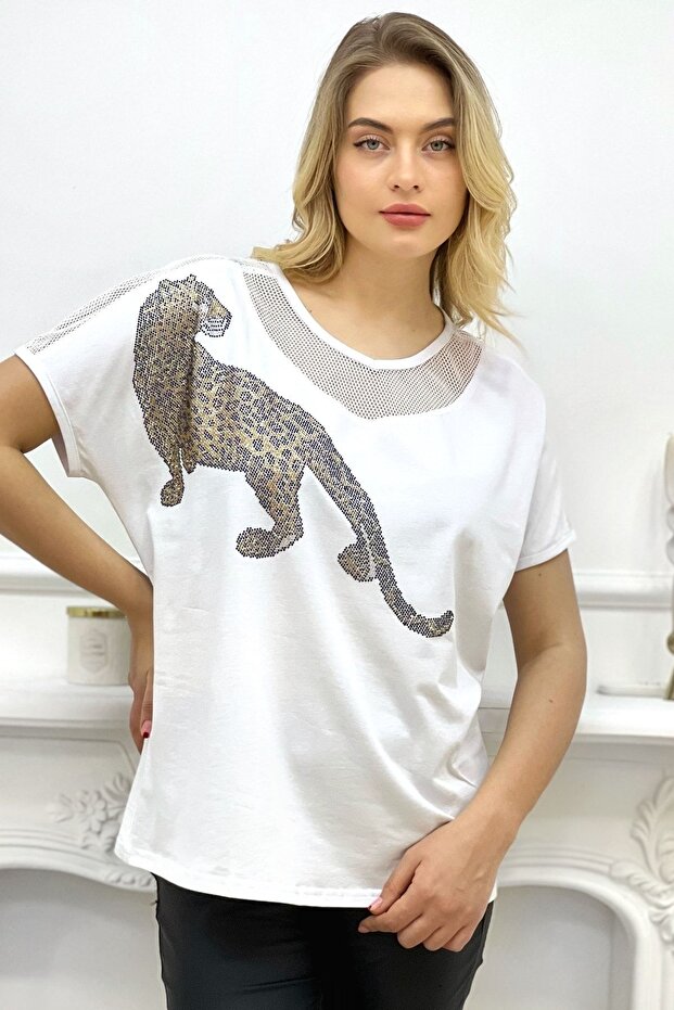 Comfortable Fit Mesh Detailed Tiger Crystal Stone Plus Size Cotton Women's White T-shirt