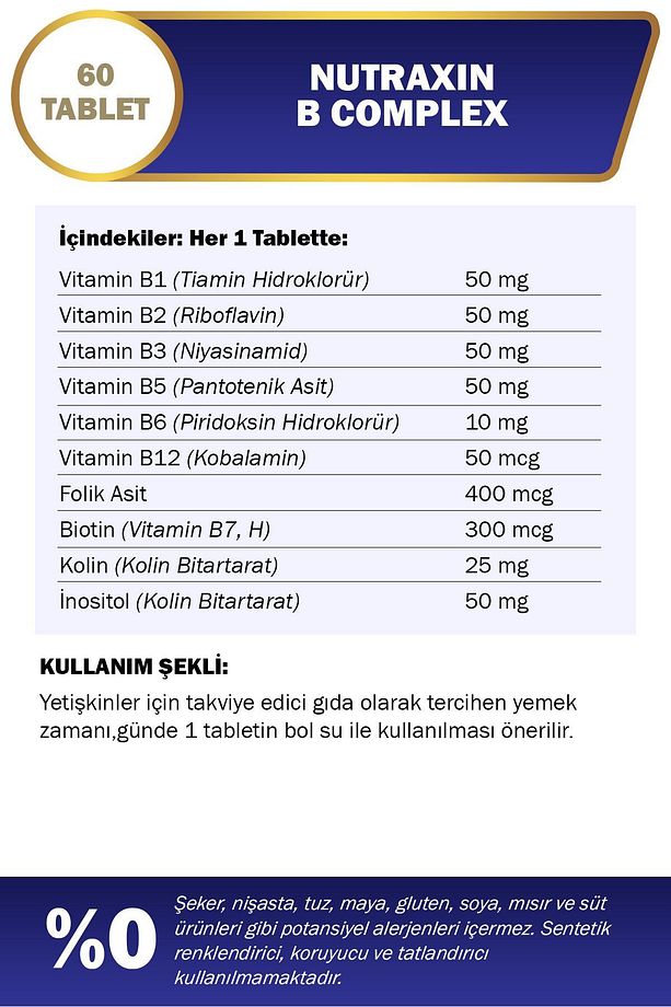 B Vitamin Complex 60 Adet Tablet (B1-B2-B3-B5-B6-Biotin-B12) - 2