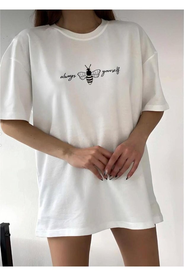 Bee Always Yourself Printed Women's Oversize T-Shirt - Unisex White