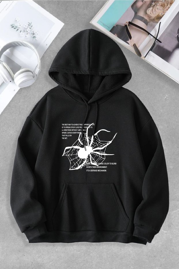 Unisex Women Men Spider Special Design Printed Hooded Sweatshirt