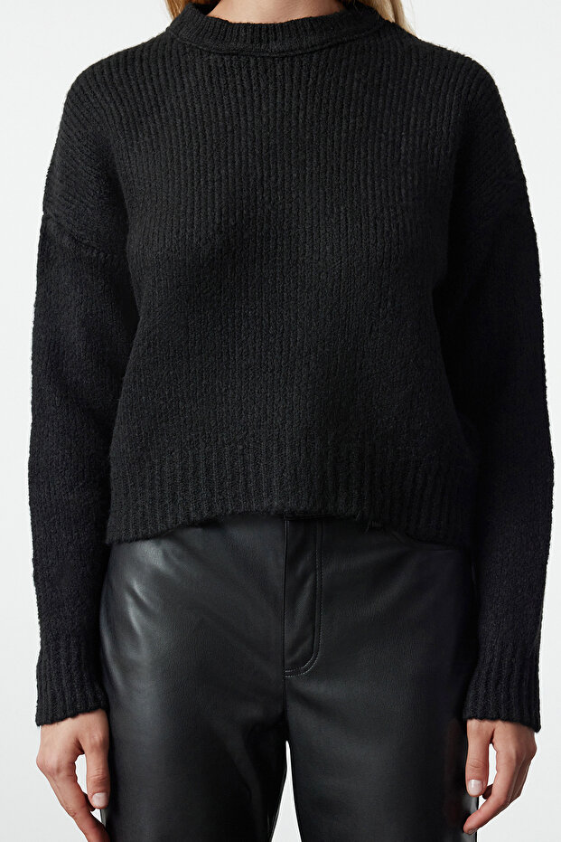 Schwarzer, weicher, strukturierter Basic-Strickpullover mit weitem Schnitt TWOAW23KZ00185 - 4