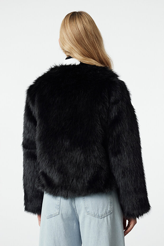 Siyah Oversize Kalıp Kürk Mont TWOAW25MO00133 - 9