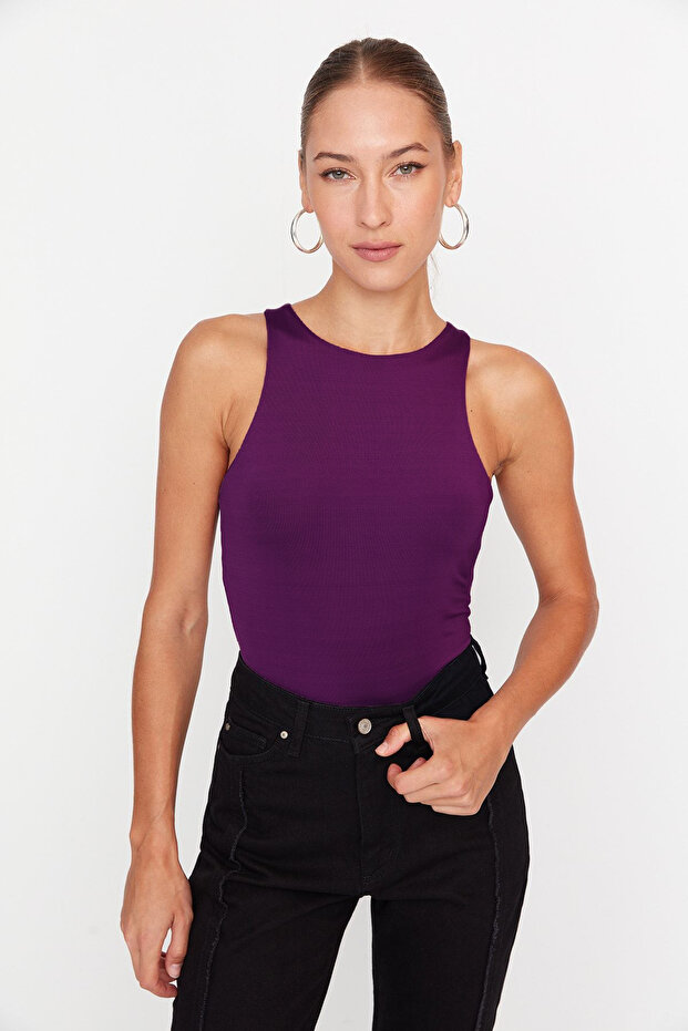 Flexible Knitted Body - Plum Color, Halter Neck, Bottom Snap - Twoss20Bd0044 - 2