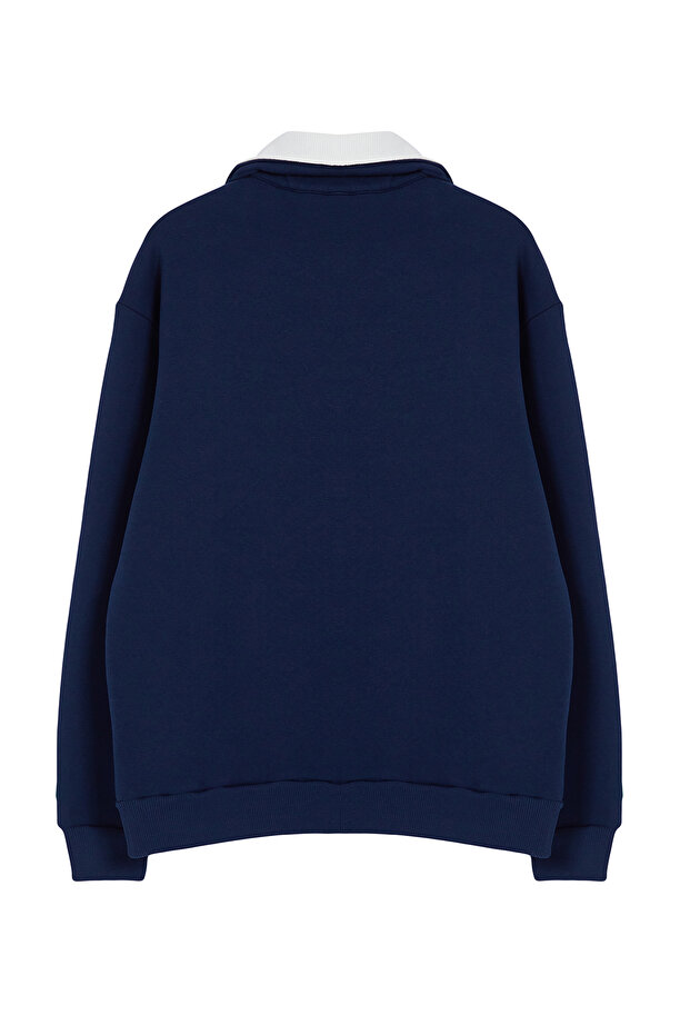 Lacivert Oversize/Geniş Kesim Dik Yaka Fermuarlı İçi Polarlı/Sıcak Tutan Sweatshirt TMNAW25SW00081 - 7