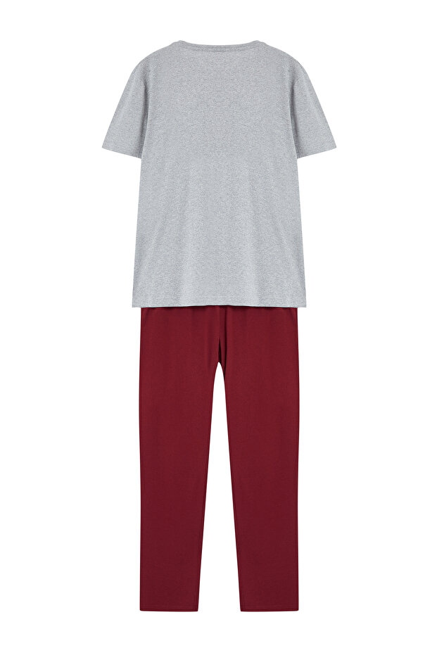 Gri - Bordo Regular Fit Nakışlı Örme 3 lü Pijama Takımı TMNAW25PT00024 - 10