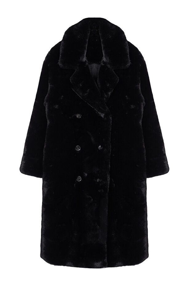 Siyah Oversize Geniş Kesim Kürk Kaban TWOAW25KB00003 - 6