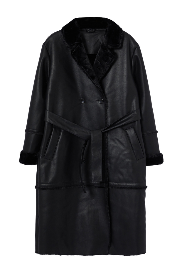 Fekete Oversize széles vágott öves szőrme gallér, részletes hosszú műbőr kabát TWOAW24KB00188 - 13