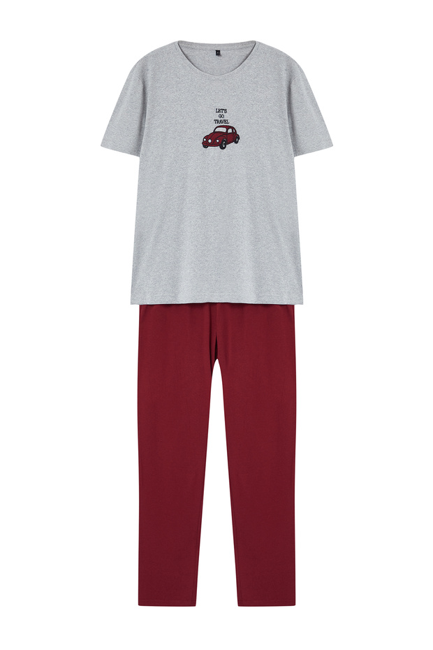 Gri - Bordo Regular Fit Nakışlı Örme 3 lü Pijama Takımı TMNAW25PT00024 - 8