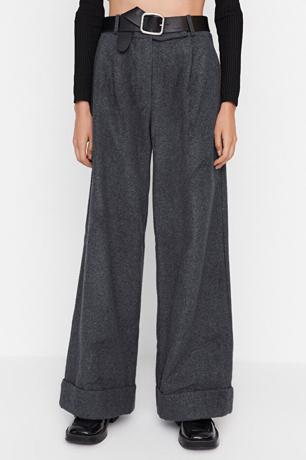 Antrasit Wide Leg/Geniş Paça Yüksek Bel Dokuma Pantolon TWOAW23PL00302 - 8
