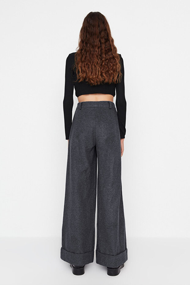 Antrasit Wide Leg/Geniş Paça Yüksek Bel Dokuma Pantolon TWOAW23PL00302 - 9