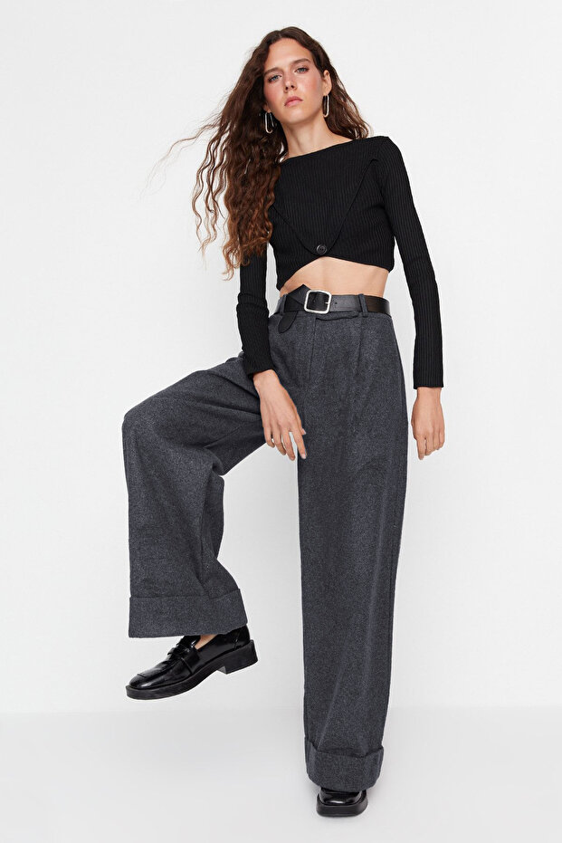Antrasit Wide Leg/Geniş Paça Yüksek Bel Dokuma Pantolon TWOAW23PL00302 - 4