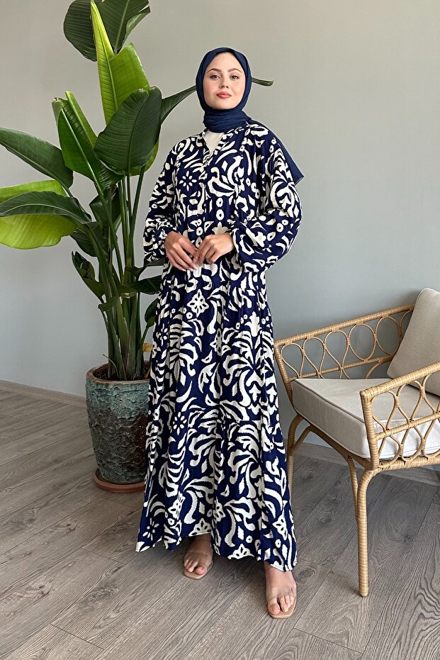 Shaped Motif Navy Blue Viscose Dress