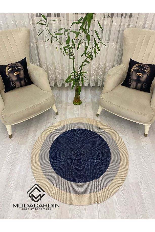 hasır jüt görünümlü Desenli Modern El Örgüsü daire Halı Kilim - 2