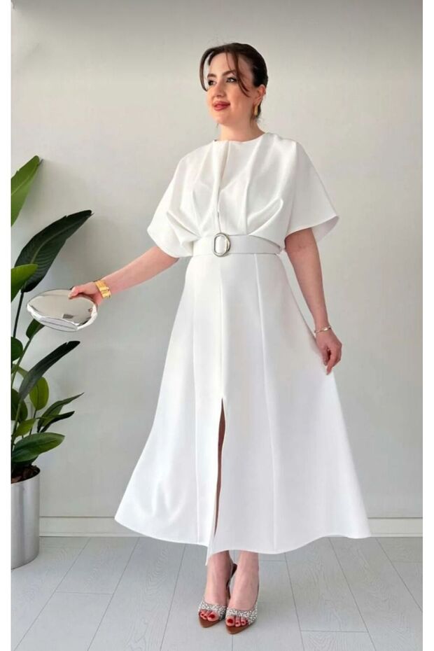 MİDİ BOY ELBİSE KEMER DETAYLI MİDİ ELBİSE - 1