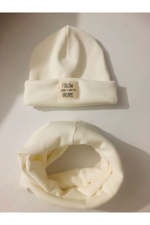 100% Cotton Ribbed Labelled Baby Beanie Necklace Set / Baby Child Winter Beanie Set
