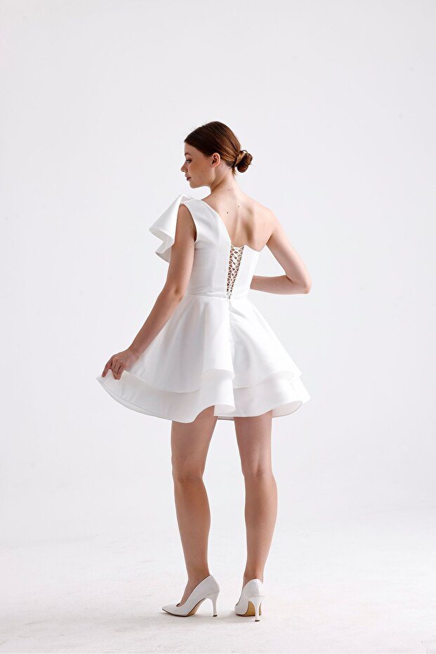 Volanlı Beyaz Mini Elbise - 6