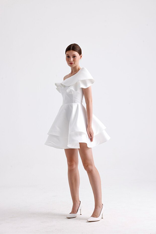 Volanlı Beyaz Mini Elbise - 1