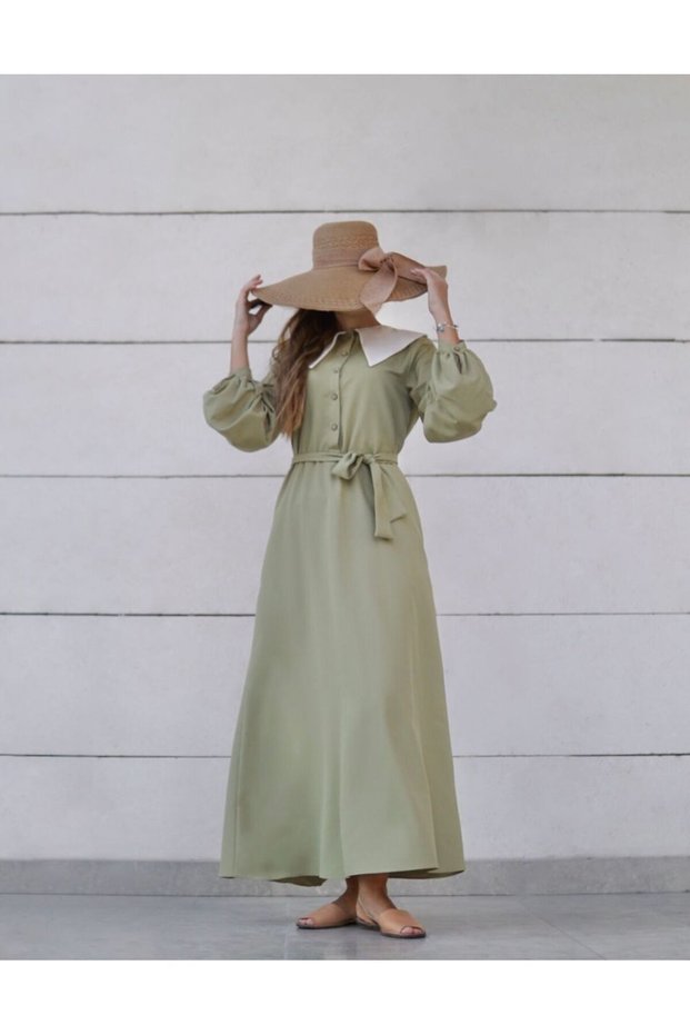 Vintage Pocketed Buttoned Light Oil Green Fairytale Dress with Collar Detail