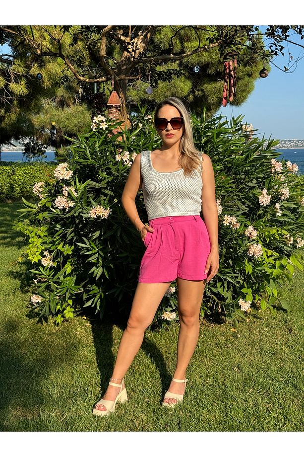 Önü Pileli Keten Şort - 2