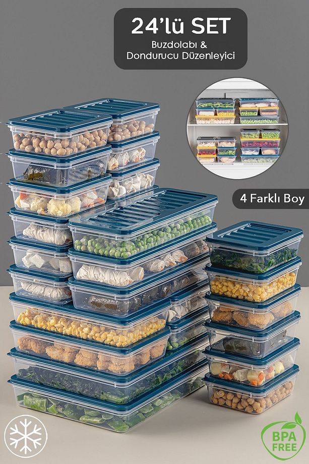 24 Parça Saklama Kabı , Mikrodalga Uyumlu Saklama Kabı 2x2400Ml 4x1200Ml 6x1170Ml 12x600Ml Petrol - 1