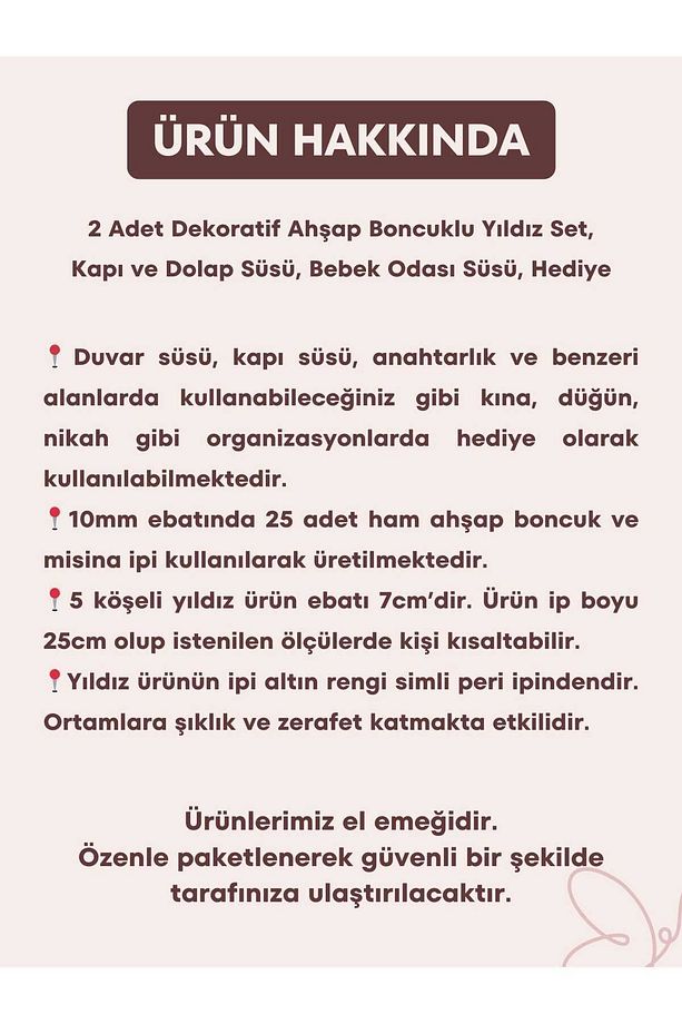 2 Adet Dekoratif Ahşap Boncuklu Yıldız Set, Kapı ve Dolap Süsü, Bebek Odası Süsü, Hediye - 6