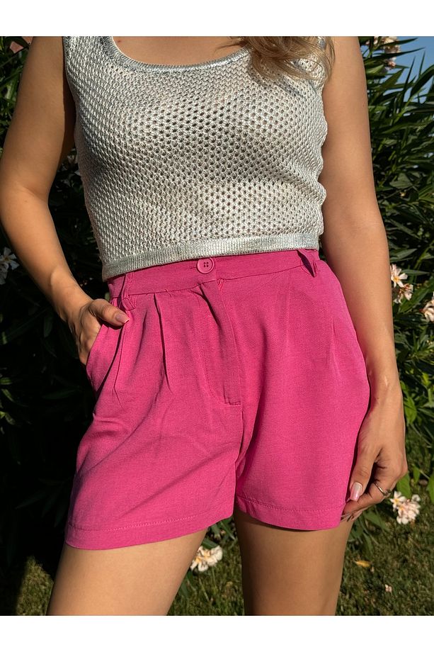 Önü Pileli Keten Şort - 3