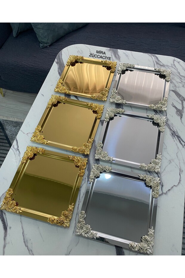 Luxury 4 Corner Floral 3 Gold 3 Silver Plated Model Tea, Coffee, Catering Presentation Tray 21X21