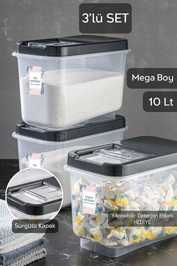 3-Piece 10 Lt Mega Bathroom Organizer with Sliding Lid and Sticker Powder Tablet Detergent Storage Box Anthracite