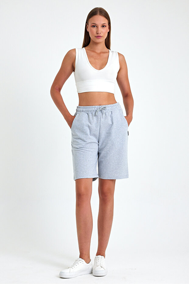 Women's Relaxed Fit Elastic Waist Seasonal Soft Fabric Pocket Gray Long Bermuda Shorts