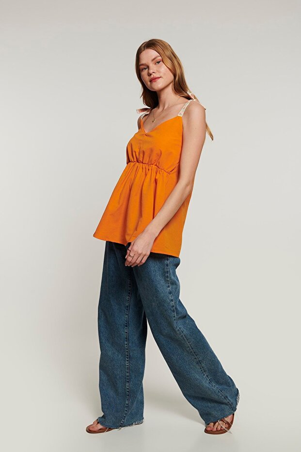 Lace Askılı Bluz - Oranj - 3