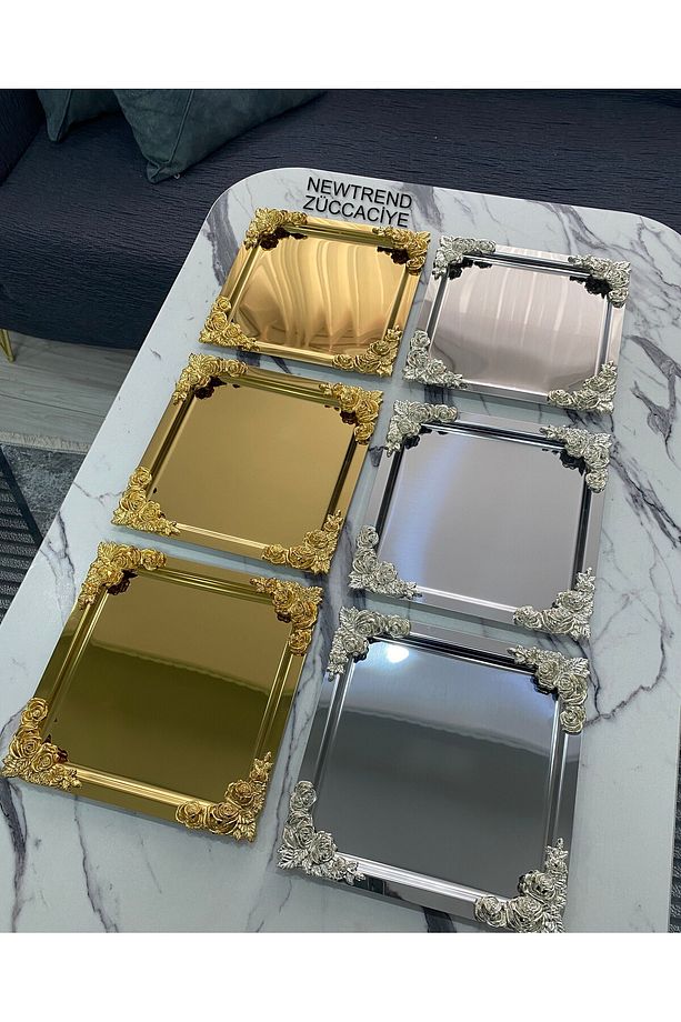 Lüx 4 köşesi Çiçekli 3 Gold 3 Gümüş Kaplama Model çay,kahve,ikram servis Sunum Tepsisi 21x21 - 3