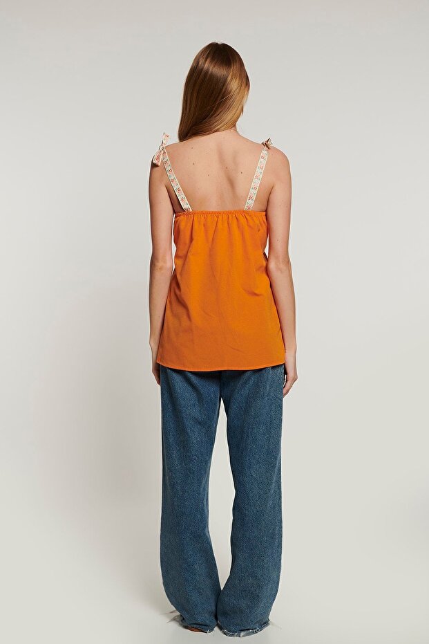 Lace Askılı Bluz - Oranj - 5