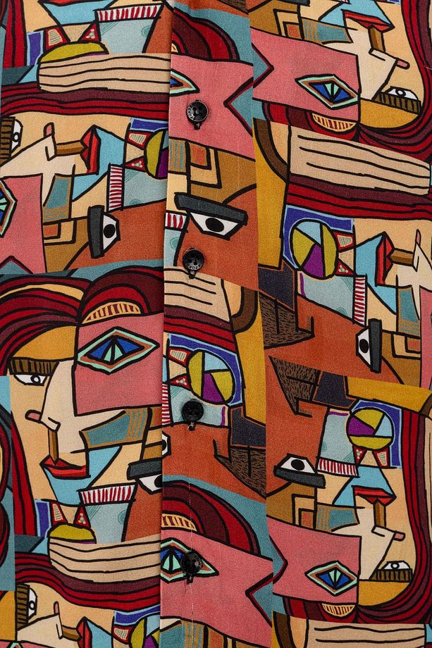Erkek Picasso'nun Yüzü Desenli %100 Viskon Kısa Kollu Gömlek - 6