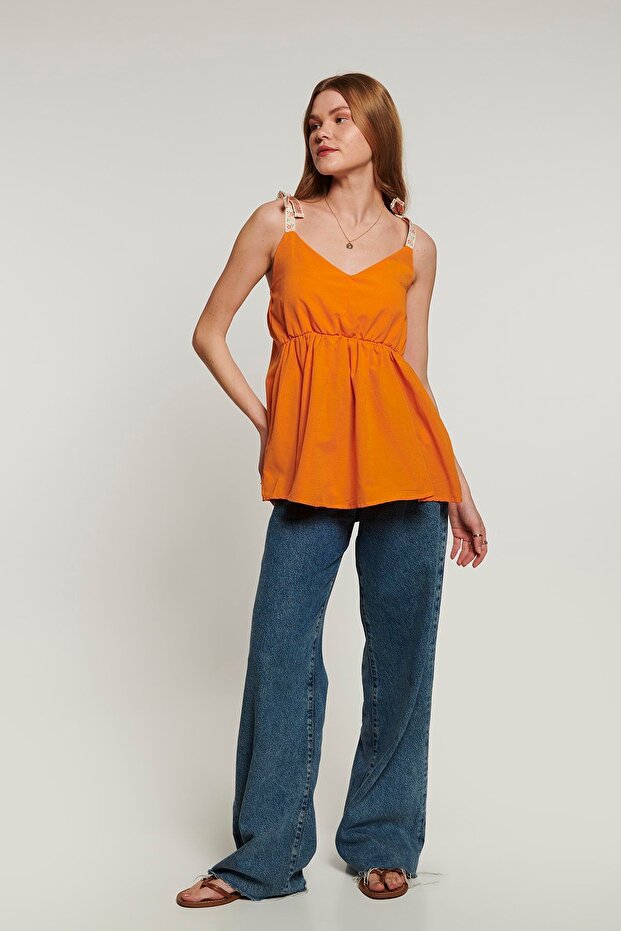Lace Askılı Bluz - Oranj - 2