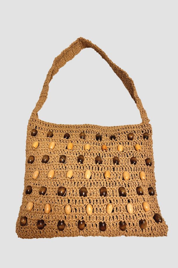 - Nuran 9092 El Yapımı Kağıt İp ile Örülmüş Boncuklu Omuz Çantası  28cm - Kahverengi - 4